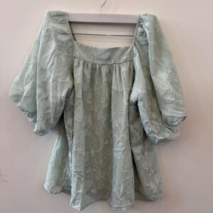 Sheer Puff Sleeve Square Neck Textured Blouse Mint Green Size Small